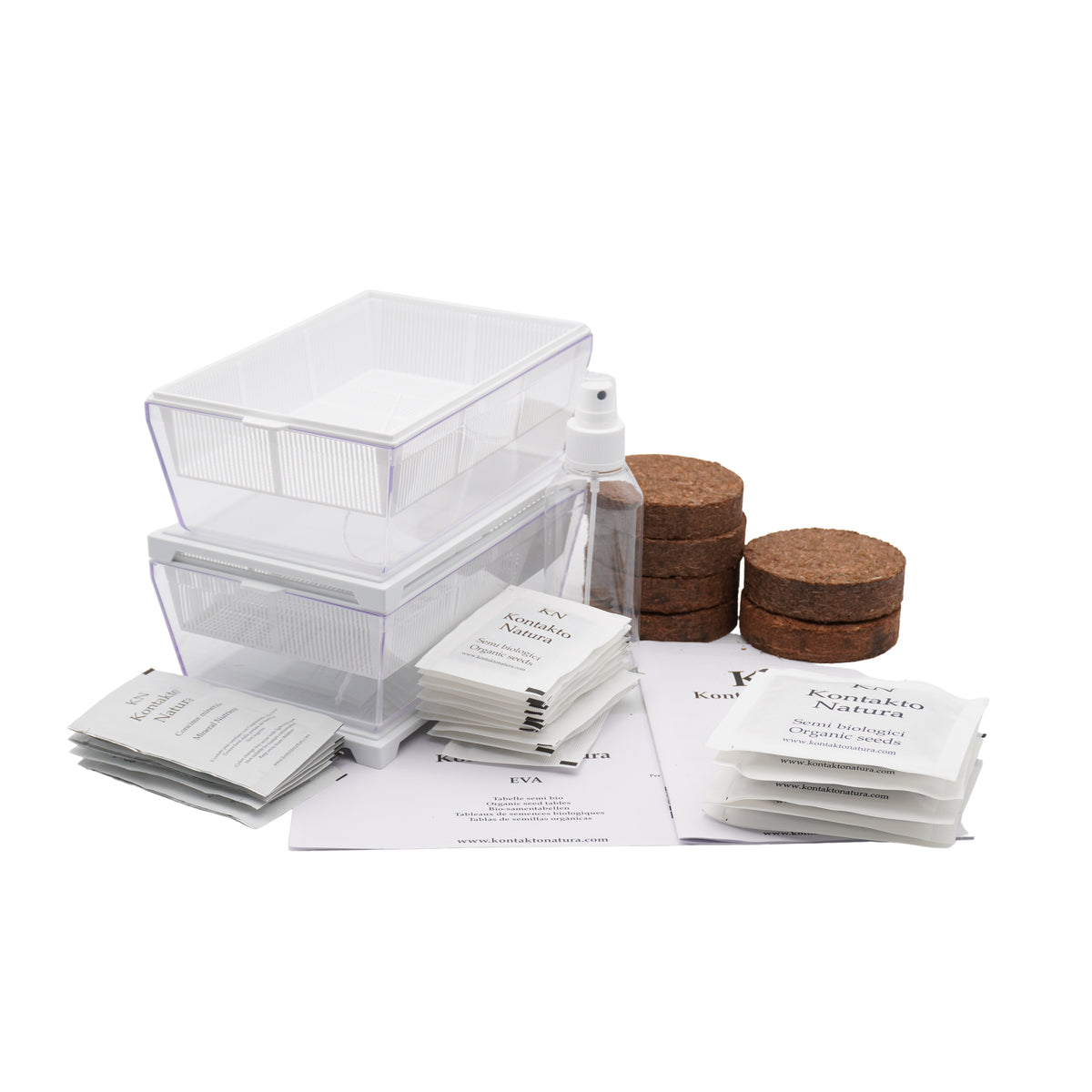 Kit per microgreens bio con cocco - 2 Eva S e 16 varietà di semi - sk206